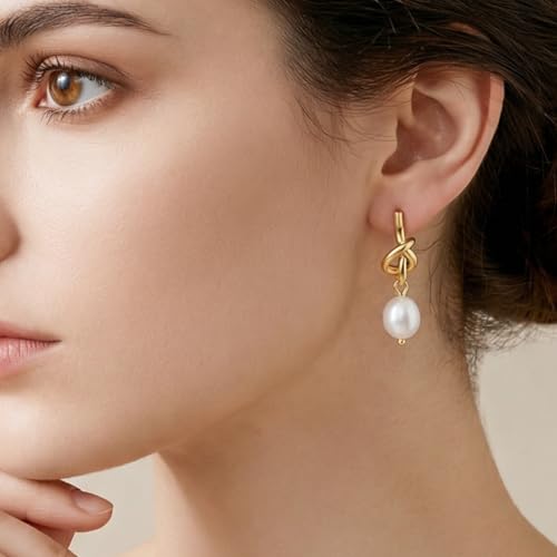 Pearl Earrings VeroSteel Dangle Earrings for Women, Dainty 14k Gold Huggie Hoop Earrings with Pearls, Trendy Pearl Drop Earrings, Stainless Steel Hypoallergenic Stud Earrings For Sensitive Ears - style: Cute Knot A