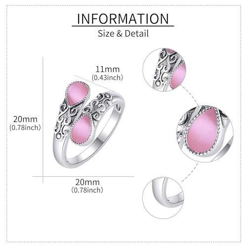 Ring for Women Sterling Silver Adjustable Band Open Rings Jewelry Gifts for Girls - style: pink opal