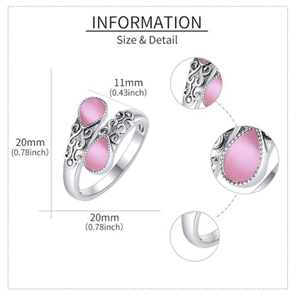 Ring for Women Sterling Silver Adjustable Band Open Rings Jewelry Gifts for Girls - style: pink opal