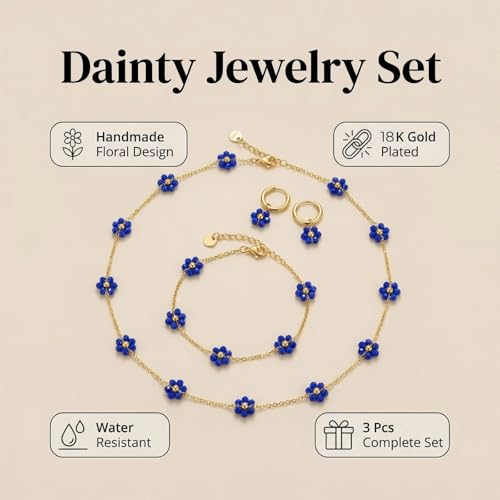 Daisy Pearl Jewelry Set for Women, 14K Gold Plated Stainless Steel Necklace Bracelet Earring 3 Piece Set, Dainty Pearl Choker Flower Necklace Birthday Gift for Her - color: Dark Blue