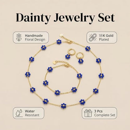 Daisy Pearl Jewelry Set for Women, 14K Gold Plated Stainless Steel Necklace Bracelet Earring 3 Piece Set, Dainty Pearl Choker Flower Necklace Birthday Gift for Her - color: Dark Blue
