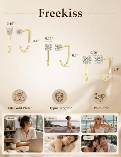 Freekiss 3 Pairs Backless Half Hoop Earrings Set for Women | 14K Gold Plated CZ Stay Close Hoop Earrings, Hypoallergenic Huggie Stackable Earring for Everyday & Sleep Wear Jewelry Gift - color: Round CZ-GD