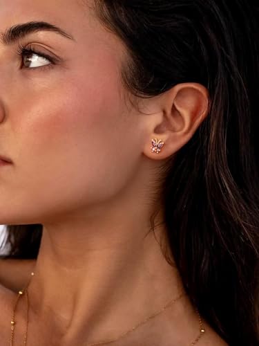 Suplight Butterfly Stud Earrings 925 Sterling Silver 14K Gold Brithstone Earrings for Women Brithstone Jewelry Gifts - color: 01.January ( Garnet), size: Gold