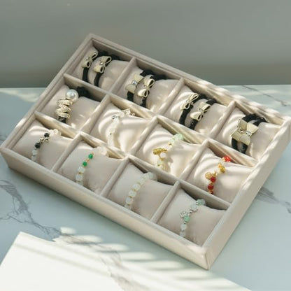 Jewelry Watch Tray, Beige Velvet Watch Jewelry Organizer 12 Grid, Stackable Watch Bracelet Bangle Display Holder, Adjustable Pillows, for Man Woman Show Birthday - color: Beige