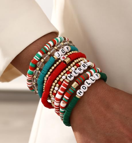 iF YOU 13pcs Boho Brown Gold Beaded Stretch Bracelets for Women, Heishi Clay Surfer Stackable Bracelet Stacks Summer Beach Jewelry - style: Red & Green Clay Bracelets