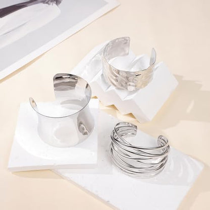 3PCS Chunky Cuff Bracelets for Women Irregular Minimalist Statement Bangle Bracelets Set Open Wide Wire Grooved Hammered Bangle Bracelet Gold Sliver Wrist Cuff Wrap Bracelet Adjustable - color: Silver Cuff Bracelets C