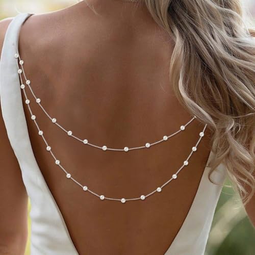 Pearl Back Chain Necklace Wedding Bridal Silver Gold Layered Backdrop Body Chain for Women Backless Dress - color: Silver