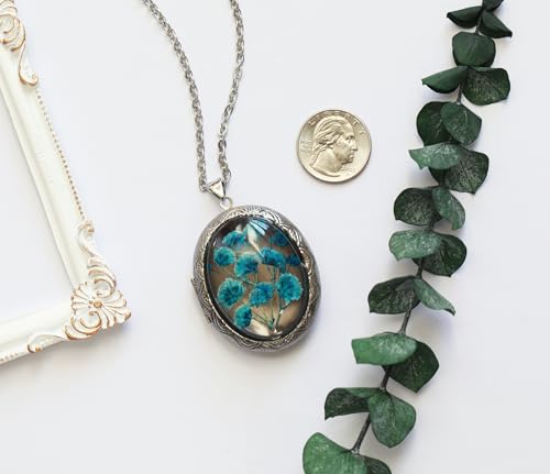 Handmade Oval Shaped Photo Locket with dried Pressed Flowers Locket pendant Necklace - style: Blue Baby's Breath-Silver
