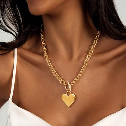 Zeffy 14K Gold/Silver Plated Chunky Thick Chain Toggle Clasp Necklace Dainty Baroque Pearl/Heart/Cross/Turquoise Pendant Necklace - color: Gold Big Heart Necklace