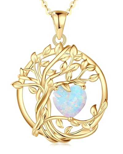FANCIME Tree of life Birthstone necklace Sterling Silver Pendant Birthstone Necklace Gemstone Anniversary Birthday Jewelry Mothers Day Gifts for Mom Her Wife - color: Yellow gold-10-opal