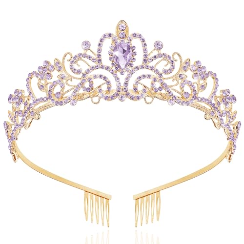 TAROSE Tiaras for Women, Birthday Crown and Sash for Girls | Birthday Sash Sunglasses Outfit, Birthday Gift for Women Girls, Goddess Crown Bride/Halloween/Prom/Party/Costume - color: 1 E. Gold+purple