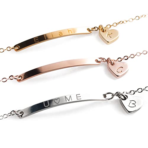 Personalized Name Bar Anklet for Women with Hand Stamped Dangle Heart Charm, Custom Engraved Initial Plate, 16K Gold Rose Gold Silver Plated Hypoallergenic Stainless Steel, Anniversary Birthday Bridesmaid Gift