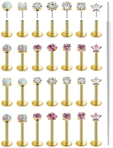 Vsnnsns 14K Gold Plated 16G 18G 20G Threadless Nose Rings Studs Flat Back Earrings Stainless Steel Tragus Helix Conch Earrings Stud Snake Bite Lip Rings Labret Medusa Piercing Jewelry for Women Men - color: 14K Gold Plated-16G-6MM 7MM 8MM 10MM Bar Lenght