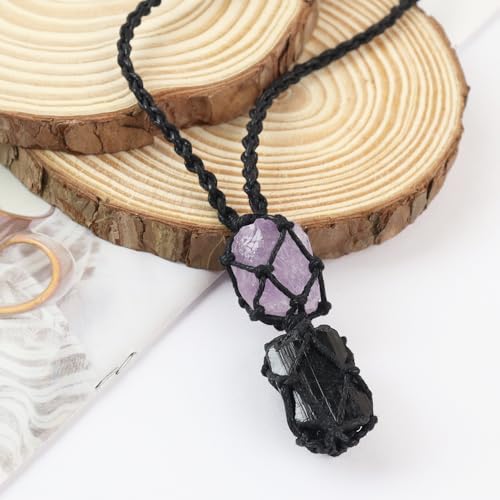 Anjiucc Handmade Crystal Cage Holder with Raw Gemstone Pendant Necklace Natural Stone Healing Crystal Necklace Adjustable Length - color: Tourmaline+Amethyst