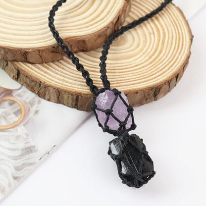 Anjiucc Handmade Crystal Cage Holder with Raw Gemstone Pendant Necklace Natural Stone Healing Crystal Necklace Adjustable Length - color: Tourmaline+Amethyst