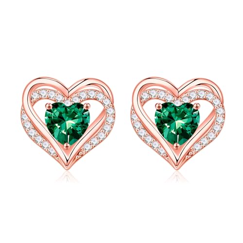 Iefil Birthstone Earrings for Women - 925 Sterling Silver Heart Stud Earrings Birthday Gifts for Women - color: Rose-Gold-Plated-05-May-Created Emerald