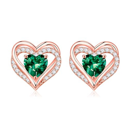 Iefil Birthstone Earrings for Women - 925 Sterling Silver Heart Stud Earrings Birthday Gifts for Women - color: Rose-Gold-Plated-05-May-Created Emerald