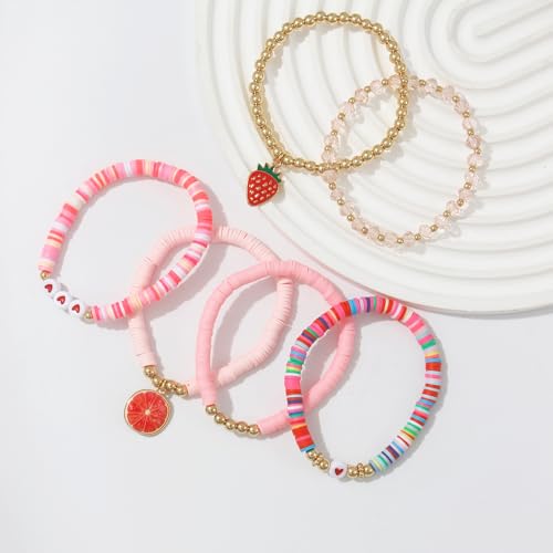Summer Surfer Heishi Bracelet Set for Women Stackable Gold Plated Clay Ploymer Bead Stretch Pink Beach Layering Bracelets Jewelry - color: A-Pink Grapefruit Set