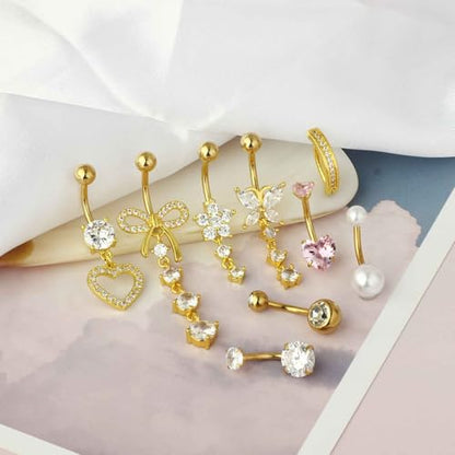 Suotarn 14G Belly Button ring Dangle Belly Rings Surgical Stainless Steel Cute Bow Butterfly Heart Flower Dangling Belly Button Piercing Jewelry For Women Silver Dainty Dangly Navel Ring - color: gold