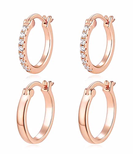 14K Gold Plated Hoop Earrings for Women with 925 Sterling Silver Post, Lightweight Small Hoop Earrings 15mm/20mm Huggie Hoop Earrings - color: 2 Pcs - 14K Rose Gold Plated, size: 15MM