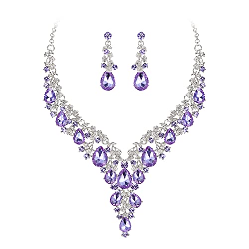 Wedding Bridal Necklace Earrings Jewelry Set for Women | Gorgeous Austrian Crystal Teardrop Flower Cluster for Bridal Bride Bridesmaid - color: 2Pcs-Light Purple Silver-Tone