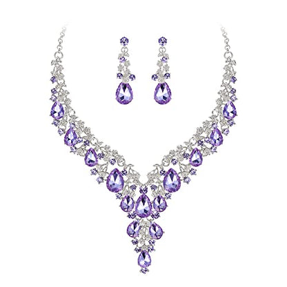 Wedding Bridal Necklace Earrings Jewelry Set for Women | Gorgeous Austrian Crystal Teardrop Flower Cluster for Bridal Bride Bridesmaid - color: 2Pcs-Light Purple Silver-Tone