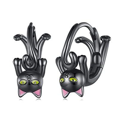 925 Sterling Silver Earrings Hypoallergenic Huggie Earring for Women - color: Black Cat