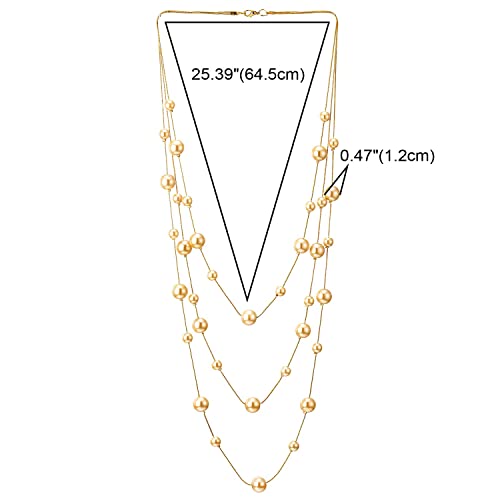 Statement Necklace Three-Strand Long Chains with Synthetic Pearl Beads, Elegant, Dress - color: B-Beads Color: Champagne 18K Gold-Plated