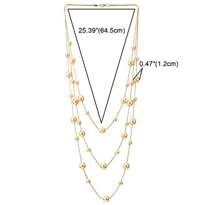 Statement Necklace Three-Strand Long Chains with Synthetic Pearl Beads, Elegant, Dress - color: B-Beads Color: Champagne 18K Gold-Plated