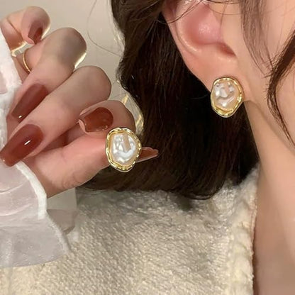 MYANAIL Irregular Pearl Earrings Necklace Set for Women Baroque Pendant Necklace Stud Earrings Simple Classic Jewelry Set