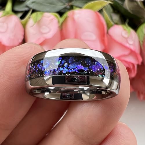 TUTISS 8mm Silver/Black/Gunmetal Tungsten Rings for Men Women Orion Nebula Opal Galaxy Fragment Inlay Fashion Jewelry Engagement Wedding Promise Band Polished Shiny Comfort Fit - color: 8mm Silver Tungsten