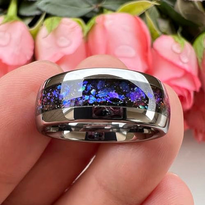 TUTISS 8mm Silver/Black/Gunmetal Tungsten Rings for Men Women Orion Nebula Opal Galaxy Fragment Inlay Fashion Jewelry Engagement Wedding Promise Band Polished Shiny Comfort Fit - color: 8mm Silver Tungsten