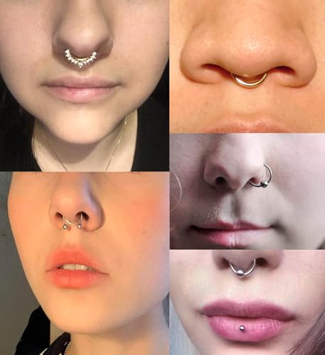 Fake Nose Ring Hoop Double Fake Septum Rings Fake Nose Piercing Clip on Earring Hoops Faux Nose Rings Lip Ring - color: A11-Fake septum-silver