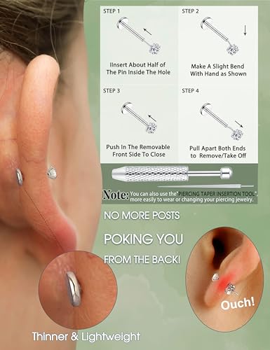 GEMQUEEN 8 PCS Moissanite ＆ Implant Grade G23 Titanium Nose Studs Flat Back Earrings Hypoallergenic : 14K Gold Plated Nose Rings 20G Push in Threadless Cartilage Helix Piercing Jewelry for Women Men - color: Titanium| 16G(1.2MM)-Bar-6/8MM&Moissanite-2/3/4