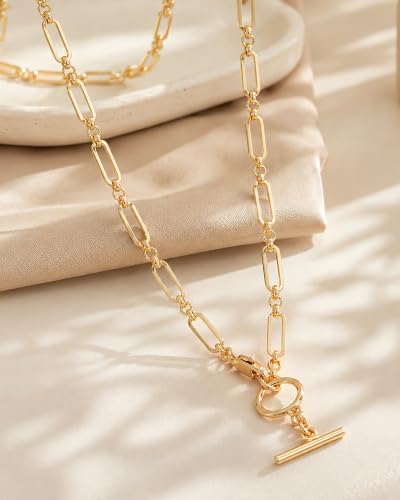 Lariat Necklace for Women Layered Paperclip Long Y Link Chains T Bar Pendant Chunky Statement Necklace 14K Gold Plated Adjustable Minimalist Trendy Gold Jewelry Gift