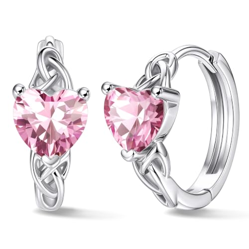 Bestyle 925 Sterling Silver Huggie Hoop Earrings Small Birthstone Hoop Earrings for Women Hypoallergenic Silver Huggie Earring,Great Birthday Earrings Gift for Daughter Wife Mom - color: 10-Pink Tourmaline-Hoop