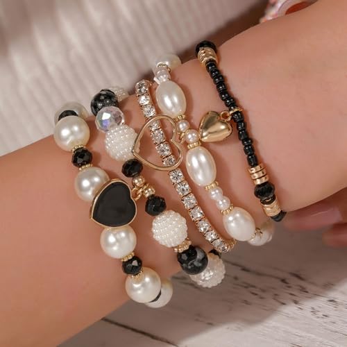 Bohemian Multilayered Faux Pearl Beaded Heart Pendant Crystal Zircon Stackable Multicolor Bracelets Set for Women Handmade Friendship Summer Beach Stretch Bangle Jewelry - color: black