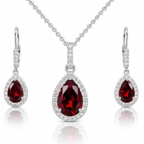 Jewelry Sets for Women, Necklace and Earring Sets for Women, Birthstone Jewelry, Genuine or Synthetic Gemstones, Teardrop Necklace and Dangle Earrings, Pendant Necklace, Sterling Silver Jewelry - color: Synthetic Ruby