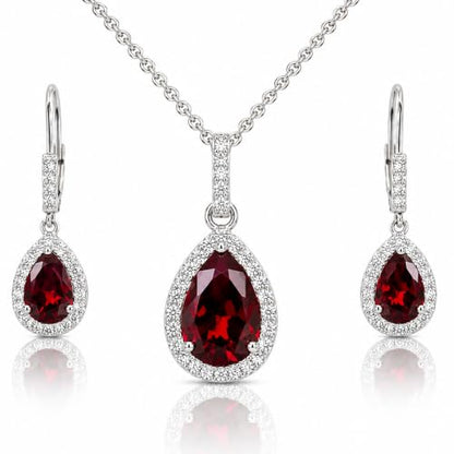 Jewelry Sets for Women, Necklace and Earring Sets for Women, Birthstone Jewelry, Genuine or Synthetic Gemstones, Teardrop Necklace and Dangle Earrings, Pendant Necklace, Sterling Silver Jewelry - color: Synthetic Ruby