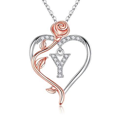 Iefil Rose Heart Initial Necklace, Anniversary Birthday Gifts for Women | Gift Box Packaging, 925 Sterling Silver, Jewelry Gift for Her Wife Mom Girlfriend, Initial A-Z, 19+2inches - color: IEFIL Jewelry Box, style: Y