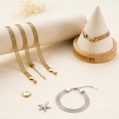 KYUNHOO 6.7 Inches Stainless Steel Charm Bracelet Chains Bulk with Extender | 10pcs Gold and Silver Bracelets Set 8MM Wide Chain Bracelet for Crafts Jewelry Making Supplies - color: mesh