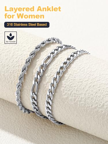 U7 2Pcs/3Pcs Ankle Bracelets for Women, Stainless Steel Cuban Link/Figaro/Rope/Heart Chain Anklets Sets,Waterproof Layered Anklets Adjustable 8.5"-10.5" - color: 03. 3Pcs Style A-Stainless Steel