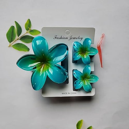 Flower Hair Clips for Women Claw Clips Summer Beaches Fashion Hair Accessories with Blue Gradient Cute Plumeria Design Barrettes Hold Hair in Place for Thick Thin Hair(3Pcs: 1 large 2 small) - color: Blue