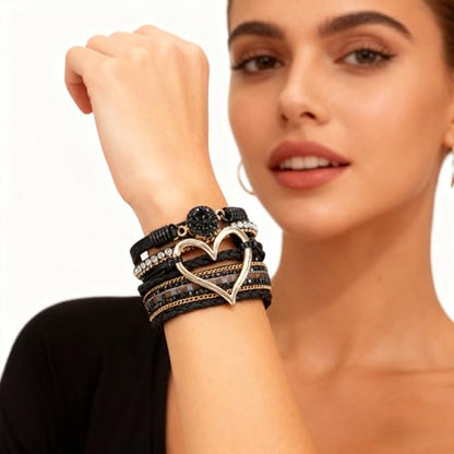 Leopard Bracelet for Women, Boho Leather Wrap Multi-Layer Pearl Crystal Bracelet Bangle Jewelry - color: Heart Leather(Pearl)