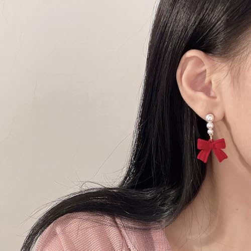 Pearl Bow Earrings for Women Coquette Aesthetic Jewelry Rhinestone Bow Earrings for Bridesmaids Wedding Party Accessories Bridal Costume Accents Bowknot Themed Gifts - color: J1: Red Bow Pearl Earrings