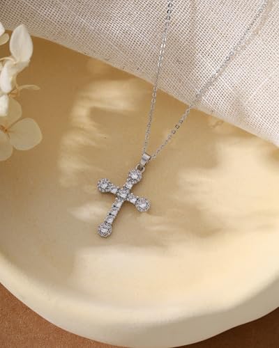 Cross Necklace for Women, 14K Gold Plated Cubic Zirconia Cross Pendant Necklace, Trendy Christian Jewelry Gifts for Baptism First Communion Christmas - color: Style G - Silver