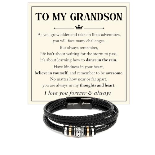 To My GrandSon Bracelet – Love You Forever Braided Leather Bracelet, Meaningful GrandSon Gift from Grandpa & Grandma with Heartfelt Message Card & Elegant Gift Box for Birthday, Christmas - color: Version#7