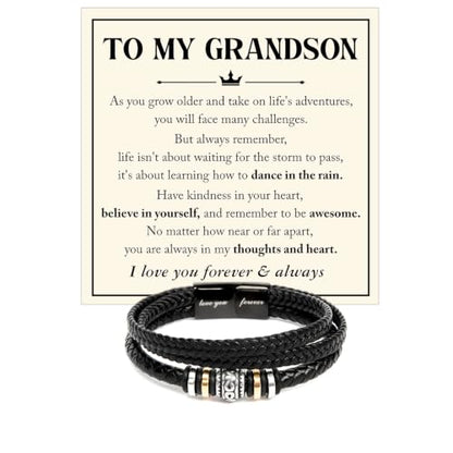 To My GrandSon Bracelet – Love You Forever Braided Leather Bracelet, Meaningful GrandSon Gift from Grandpa & Grandma with Heartfelt Message Card & Elegant Gift Box for Birthday, Christmas - color: Version#7