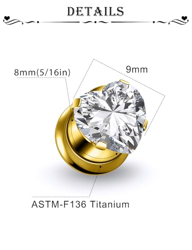 Astm F136 Titanium Heart CZ Ear Gauges Screw Fit Flesh Tunnels Plugs Gauges Earring Expander Stretcher Ear Tunnels For Ears 10G 8G 6G 4G 2G 0G 00G Plug Earrings Piercing Jewelry For Women Men - color: 0G Gauges, Gold
