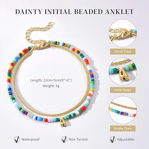 KissYan Initial Ankle Bracelets for Women | Layered Colorful Beaded Anklet with 14K Gold Chain, Waterproof Dainty Jewelry Gift for Summer Beach - style: M